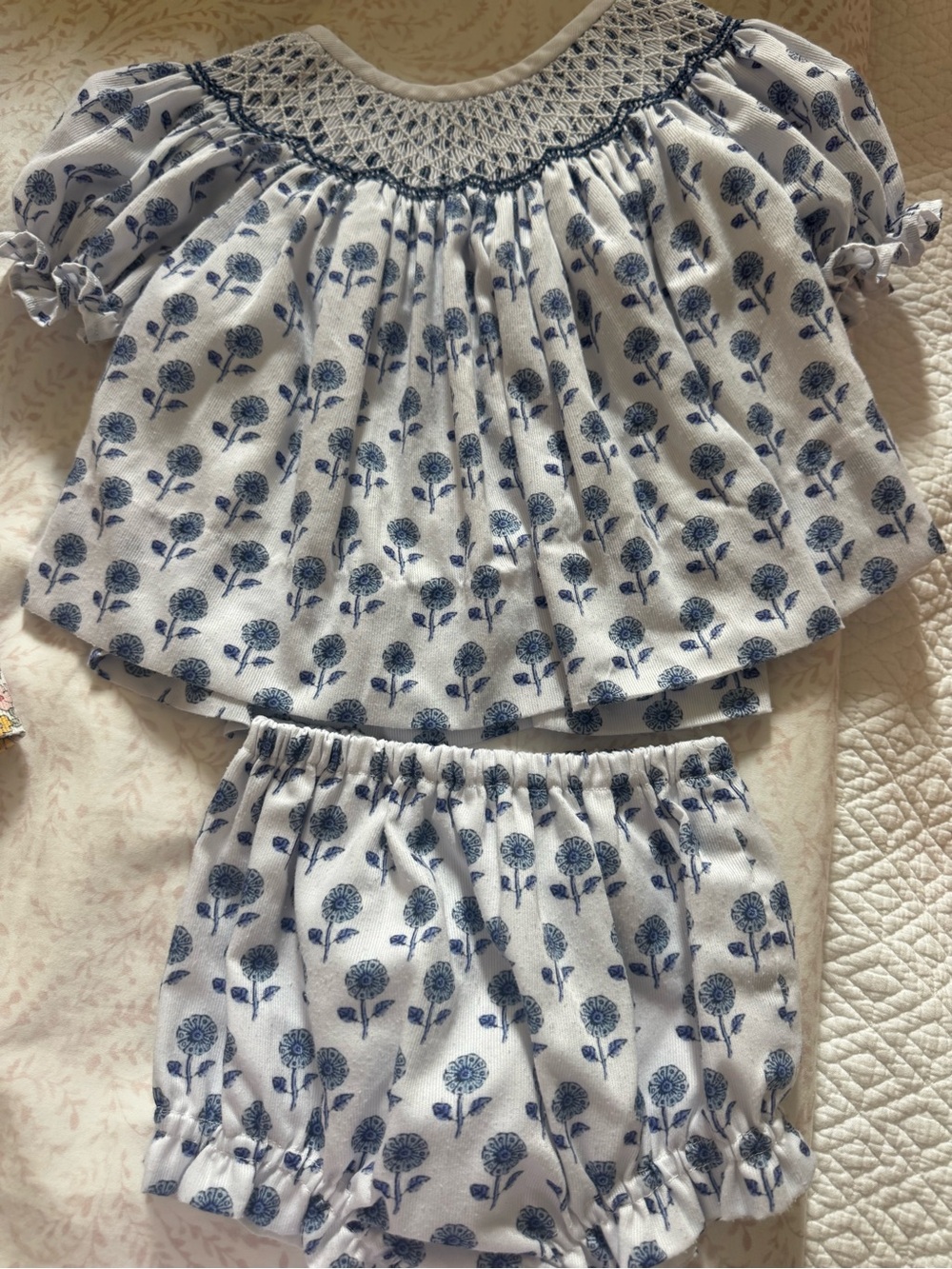 Smocked Floral Two-Piece Set in White and Blue